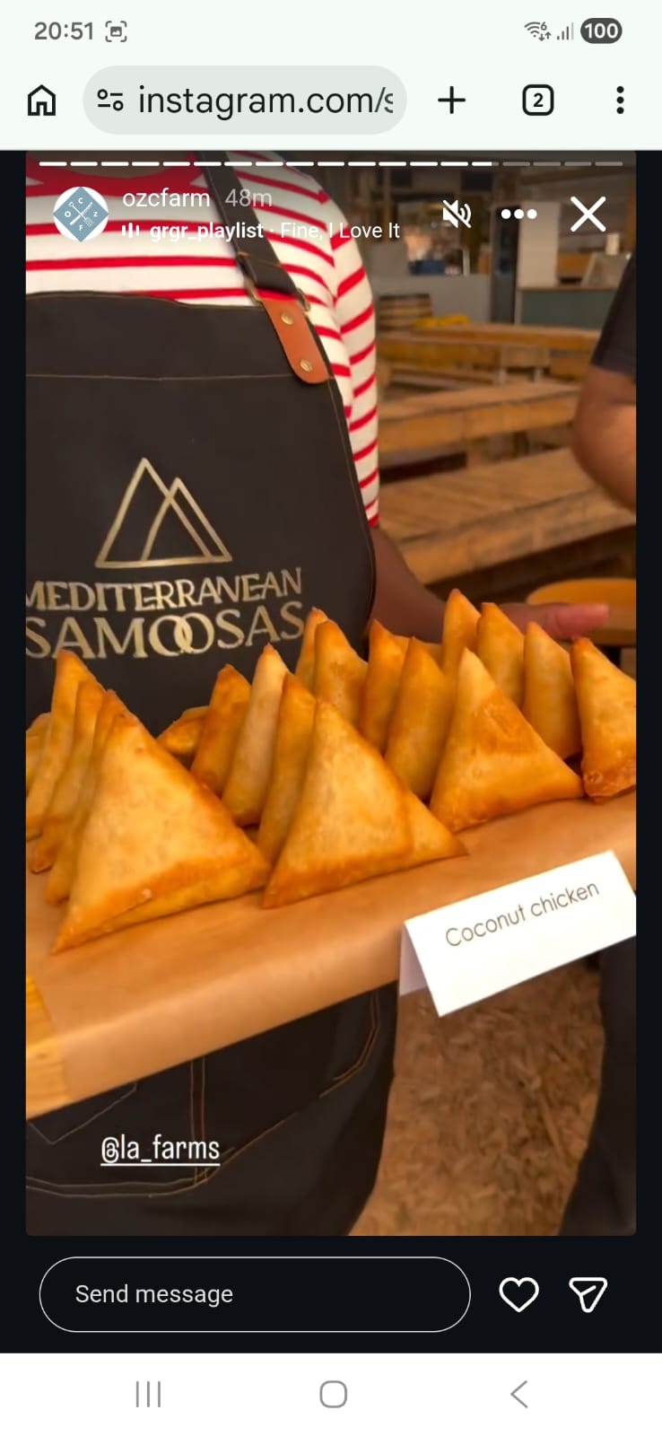 Tray of golden samoosas held in front of Mediterranean Samoosas branding
